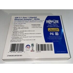 Tripp Lite USB-C to Gigabit Ethernet NIC Network Adapter 10/100/1000 Mbps White